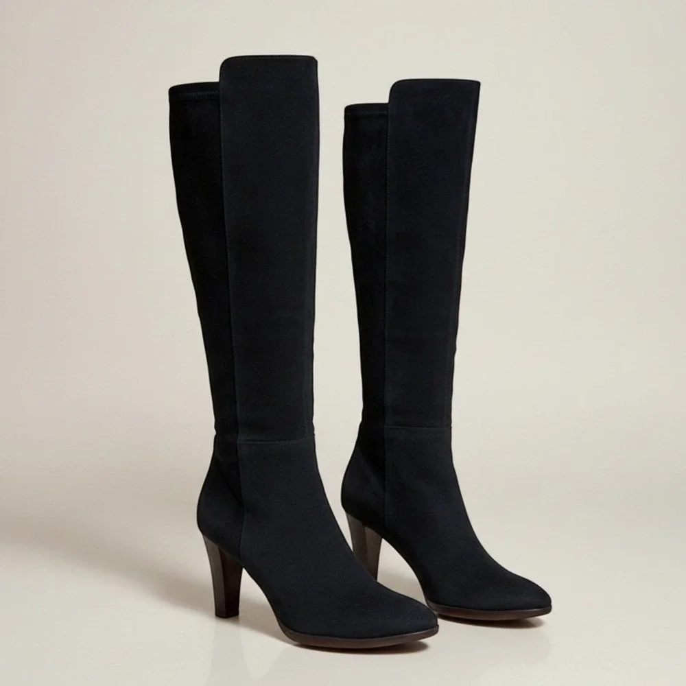 AQUATALIA Womens Black Suede Boots Knee High Almond Toe Weatherproof Dressy Heel